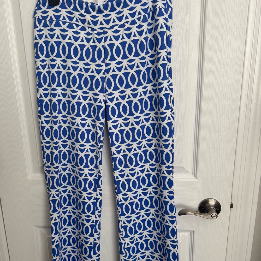 Blue & White Geometric Wide-Leg Pants